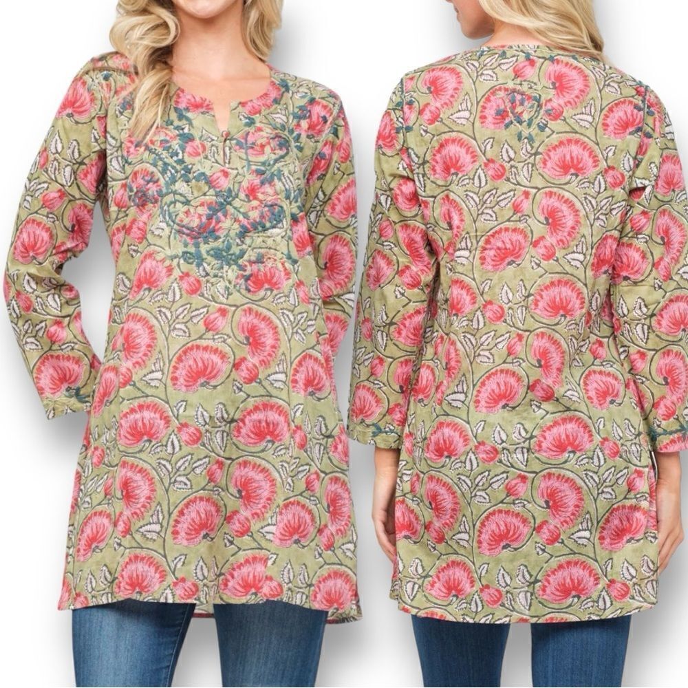 Raj L.A Women’s Floral Printed Embroidered Tunic In The Size X-L In Green/Pink